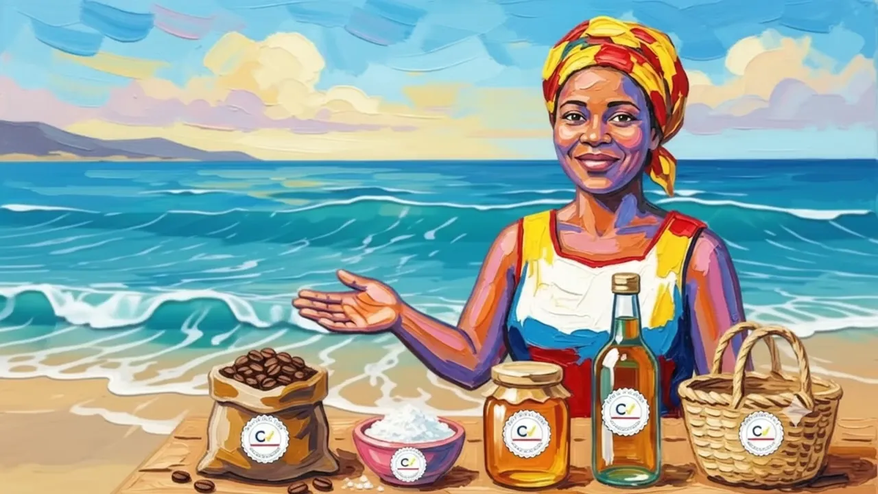 Vendedora cabo-verdiana a apresentar café, sal, mel, grogue e cestaria com o selo